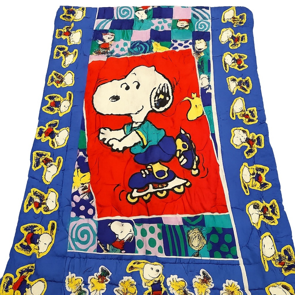 Vintage Peanuts Snoopy Rollerblading Twin Quilt + Pillowcase Set